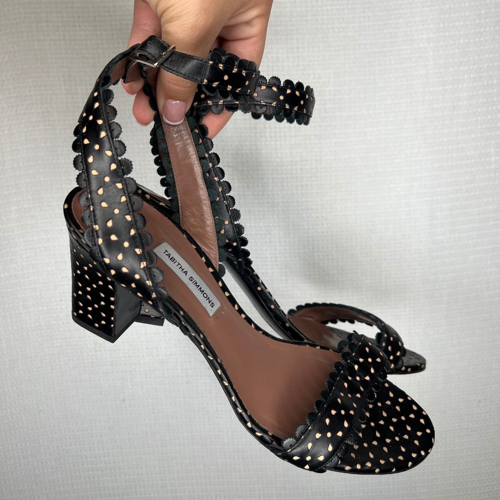 Tabitha Simmons Black Polka Dot‎ Leather Block Heel Sandals Scalloped Strap